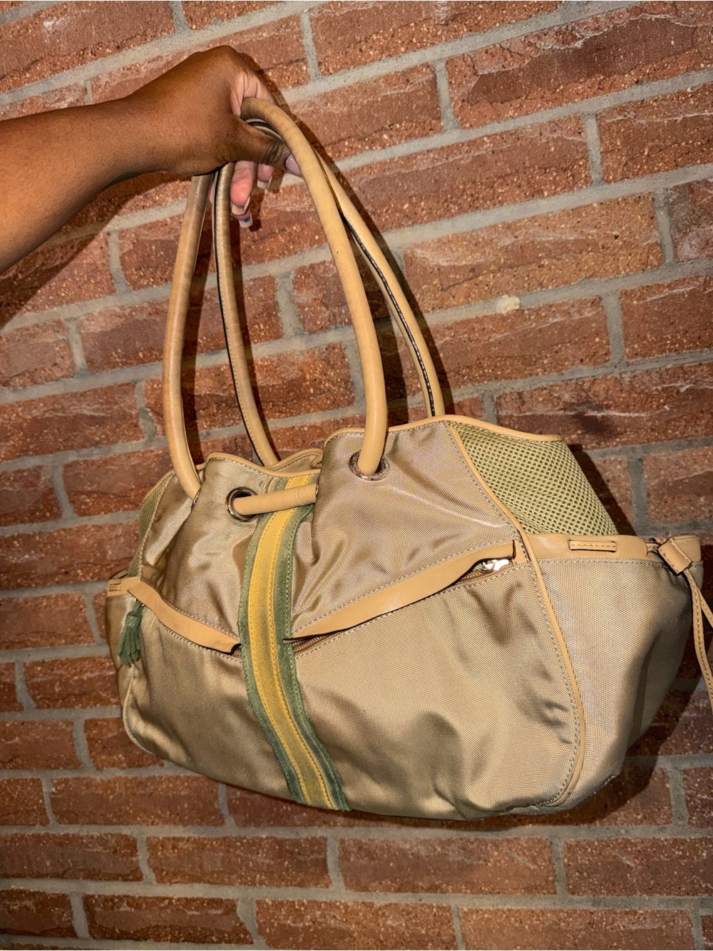 Cole Haan Tan Shoulder Tote with Olive and Yellow Stripe - Picture 2 of 8